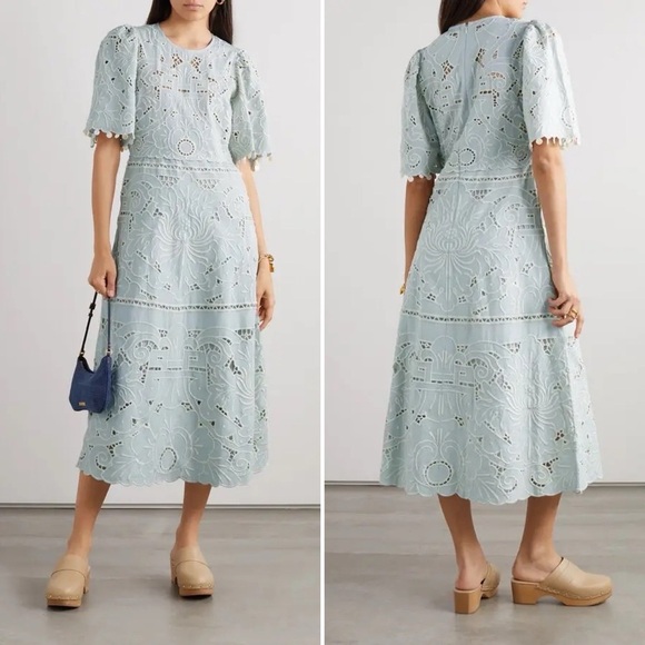 NWT SEA NY Blaire Shell-Embellished Broderie Anglaise Cotton Midi Dress Size 6 - Picture 1 of 9